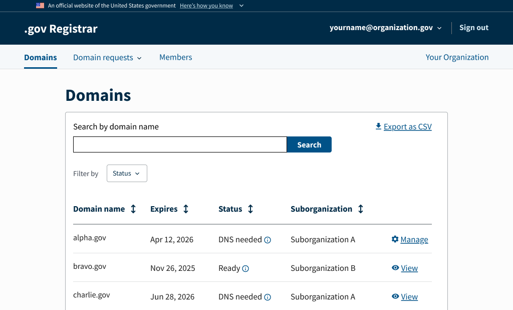 A simulated domain dashboard in enterprise mode with fake domains alpha.gov, bravo.gov, and charlie.gov shown.